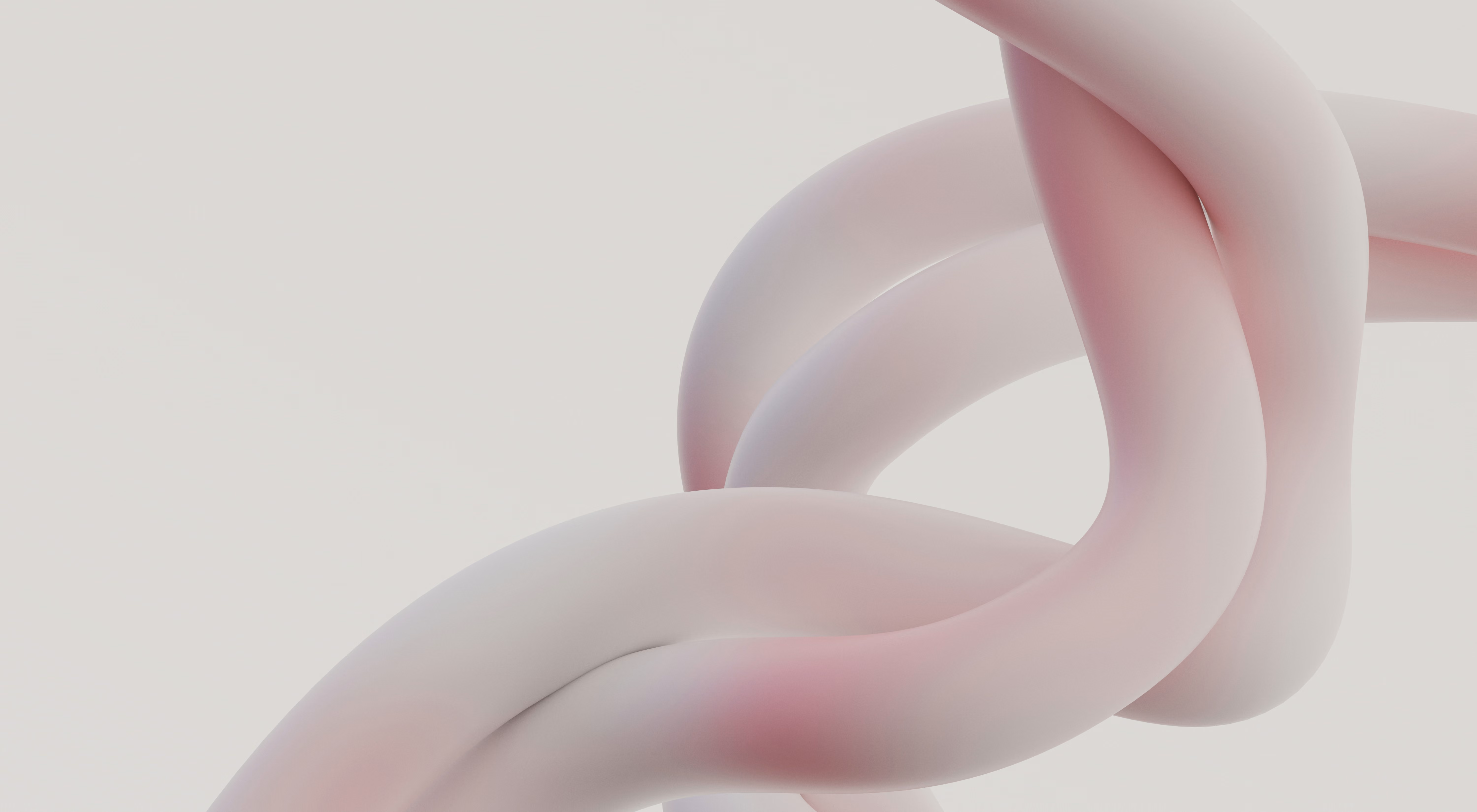 Nahaufnahme eines verwobenen, glatten, rosa-weißen, schlangenartigen abstrakten Objekts vor einem hellen Hintergrund.
